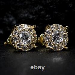 14K Gold Plated Men's Hip Hop Iced Cz Cluster 925 Sterling Silver Stud Earrings