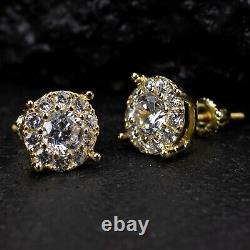 14K Gold Plated Men's Hip Hop Iced Cz Cluster 925 Sterling Silver Stud Earrings