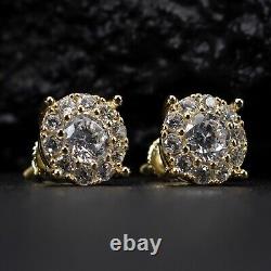 14K Gold Plated Men's Hip Hop Iced Cz Cluster 925 Sterling Silver Stud Earrings