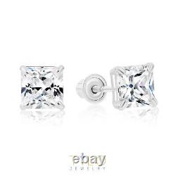14K Solid White Gold Princess-Cut CZ Sleeper Studs Earrings Screw-back 3mm-8mm