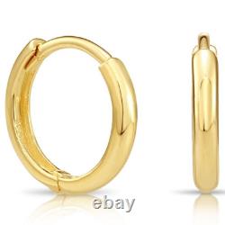 14K Solid Yellow Gold Shiny Round Plain Huggie Hoop Earrings Small Size 12MM