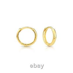 14K Solid Yellow Gold Shiny Round Plain Huggie Hoop Earrings Small Size 12MM