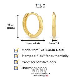 14K Solid Yellow Gold Shiny Round Plain Huggie Hoop Earrings Small Size 12MM