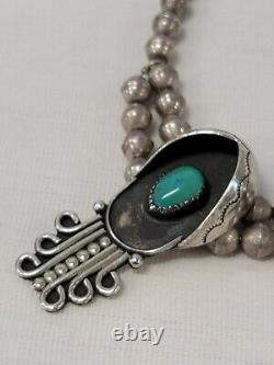 16 Native American Indian Navajo Silver Turquoise Pendant Papoose Bead Necklace