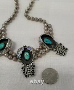 16 Native American Indian Navajo Silver Turquoise Pendant Papoose Bead Necklace