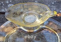 1920 Depression Yellow Glass Hazel-Atlas Florentine Gravy Platter Set Withbonus