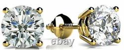 1.85 Carat Round Natural Diamond Studs 14k Yellow Gold Basket style Earrings