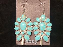 #201 Navajo Handmade Cluster Turquoise Sterling Silver Earrings Squash Blossom