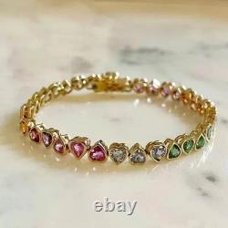 20 ct Lab Created Heart Cut Multicolor Sapphire Rainbow Bracelet 14K Gold Plated