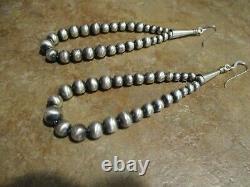 3 5/8 Long Navajo HAND MADE Sterling Silver Brushed Matte BEAD Earrings