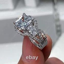4.3CTW 3 Stone Princess Cut Halo Diamond Engagement ring 14KT White Gold Plated