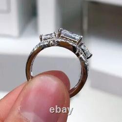 4.3CTW 3 Stone Princess Cut Halo Diamond Engagement ring 14KT White Gold Plated