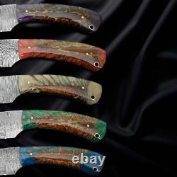 5 PCS Handmade DAMASCUS STEEL Custom PINE CONE Hunting Skinner Knife WithSheath
