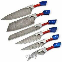 6PiC New Custom HandMade Damascus Steel Chef's Knife Set WithUSA Flag Handle &Bag