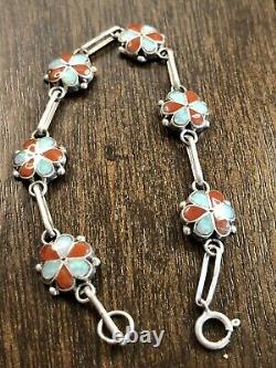 6 Link Natural Red Coral Opal Zuni Inlay Bracelet Silver Jewelry Handmade