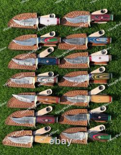 6 Lot of 20 CUSTOM HANDMADE DAMASCUS STEEL SKINNER HUNTING KNIVES WithSHEATH USA