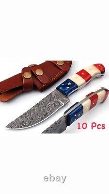 9 CUSTOM HANDMADE DAMASCUS STEEL USA/TEXAS FLAG HUNTING KNIFE (Lot of 10 Pcs)