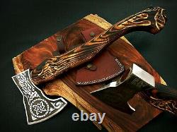 AA-1315 Custom Hand Forged Handmade Carved Carbon Steel Axe With Sheath