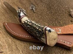 Ab Cutlery Custom Handmade Stainless Steel Hunting Knife Handle Steel Clip, Stag