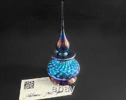 Abelman Art Glass 5.5 Dark Blue Purple Spiral Iridescent Perfume Bottle 2002