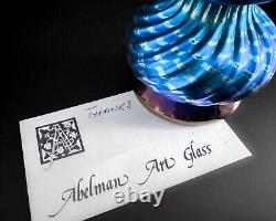 Abelman Art Glass 5.5 Dark Blue Purple Spiral Iridescent Perfume Bottle 2002