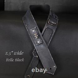 Aged Leather Guitar Strap. Skull Patch. 2.5 inches Wide. Handmade. BLACK