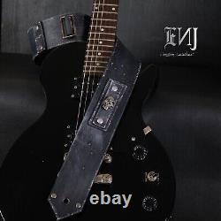 Aged Leather Guitar Strap. Skull Patch. 2.5 inches Wide. Handmade. BLACK
