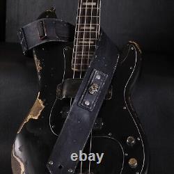 Aged Leather Guitar Strap. Skull Patch. 2.5 inches Wide. Handmade. BLACK