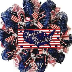 America The Beautiful Stars And Stripes Patriotic Deco Mesh Handmade Wreath