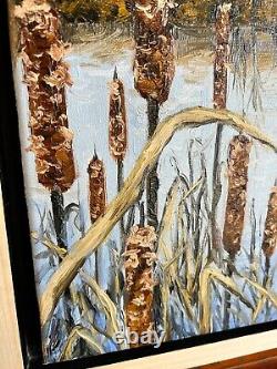 Andrew J Jones Art, 11x14, Oil Painting, Pond, Fall, Cattails, impressionistic
