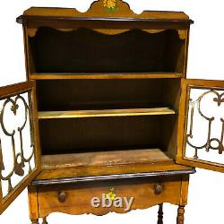 Antique Country Farmhouse Carved Maple Curio Bookcase Cabinet with Floral Motif