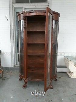 Antique Victorian tiger Oak China Cabinet Curio with Lion Heads and claw Feet