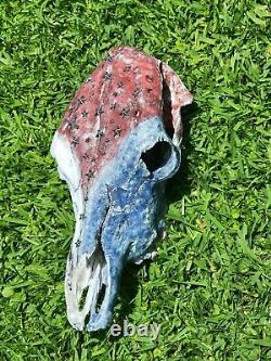 Authentic Genuine Large Cow Skull USA hand made Red, White, Blue patriotic USA
