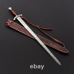 BEAUTIFUL Forged CUSTOM MADE DAMASCUS STEEL HUNTING VIKING SWORD WITH SHEATH USA