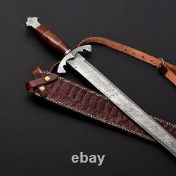BEAUTIFUL Forged CUSTOM MADE DAMASCUS STEEL HUNTING VIKING SWORD WITH SHEATH USA