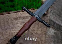 Beautiful Hand-Forged Damascus Steel Medieval Sword with Leather Sheath