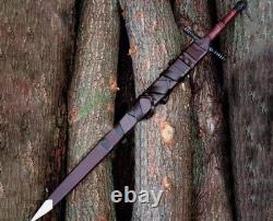 Beautiful Hand-Forged Damascus Steel Medieval Sword with Leather Sheath