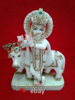 Beautiful krishna cow hand made Makrana marble 12 inches Height Idol USA Seller