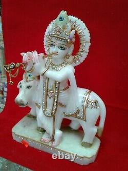 Beautiful krishna cow hand made Makrana marble 12 inches Height Idol USA Seller