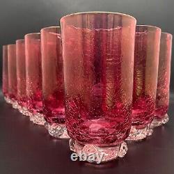 Blenko Cranberry Crackle Glass Tumbler 8pc Set with Clear Rosettes USA 5.5 14oz