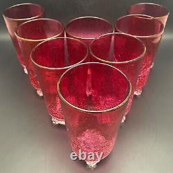 Blenko Cranberry Crackle Glass Tumbler 8pc Set with Clear Rosettes USA 5.5 14oz