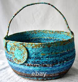 Blue Artsy Basket Batik Fabric Bag Bath Bin Decor Handmade by Wexford Treasures