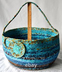 Blue Artsy Basket Batik Fabric Bag Bath Bin Decor Handmade by Wexford Treasures