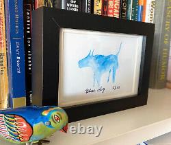 Blue Dog Original New Folk Art Matted & Framed Behind Glass Watercolor