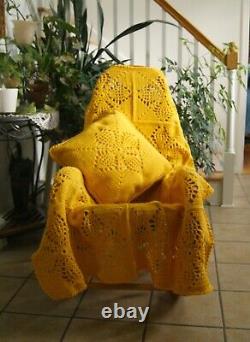 Bright Yellow Afghan with Coordinating Pillow Hand Crocheted in the USA