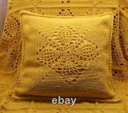 Bright Yellow Afghan with Coordinating Pillow Hand Crocheted in the USA