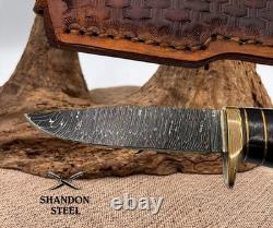 Burr Oak USA Handmade Damascus Clip Point Custom Knife with Leather Sheath (10)