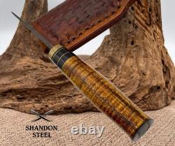 Burr Oak USA Handmade Damascus Clip Point Custom Knife with Leather Sheath (10)
