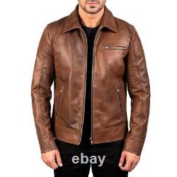 Cafe Racer Men's Leather Jacket Moto Brown Genuine Sheep skin Leather