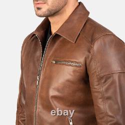 Cafe Racer Men's Leather Jacket Moto Brown Genuine Sheep skin Leather